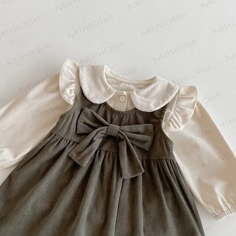 Toddler Girl Cord Bow Green Sleeveless Dress/Beige Baby Collar Top - image 6