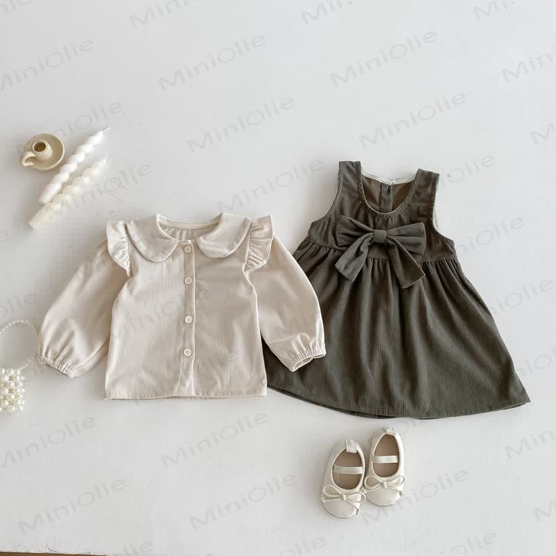 Toddler Girl Cord Bow Green Sleeveless Dress/Beige Baby Collar Top - image 8