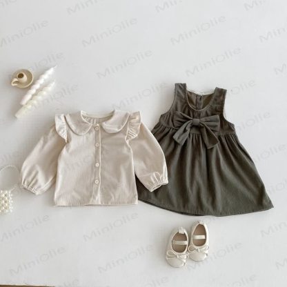 Toddler Girl Cord Bow Green Sleeveless Dress/Beige Baby Collar Top - image 8