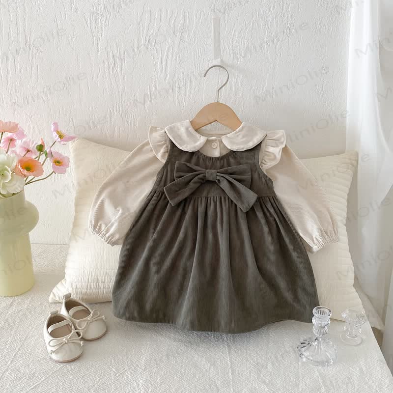 Toddler Girl Cord Bow Green Sleeveless Dress/Beige Baby Collar Top - image 4