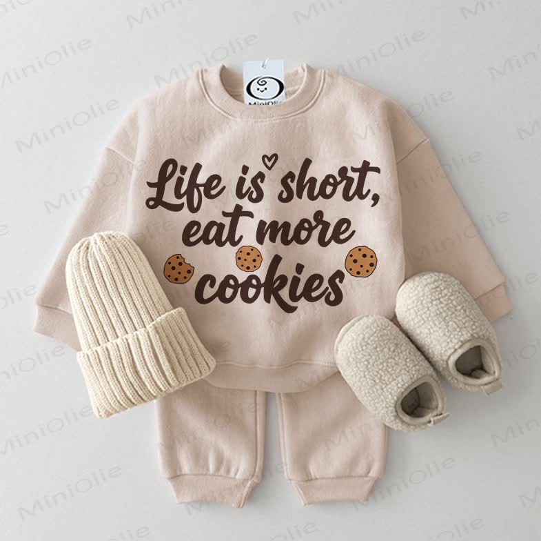LIFE IS SHORT, EAT MORE COOKIES Baby Slogan 2-piece Beige Set - Beige - 2-3T - image 1