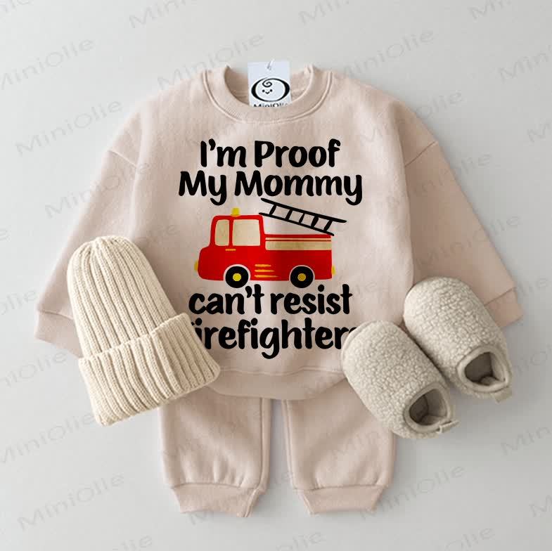 I'M PROOF MY MOMMY CAN'T RESIST FIREFIGHTERS Baby 2-piece Beige Set - Beige - 2-3T - image 1
