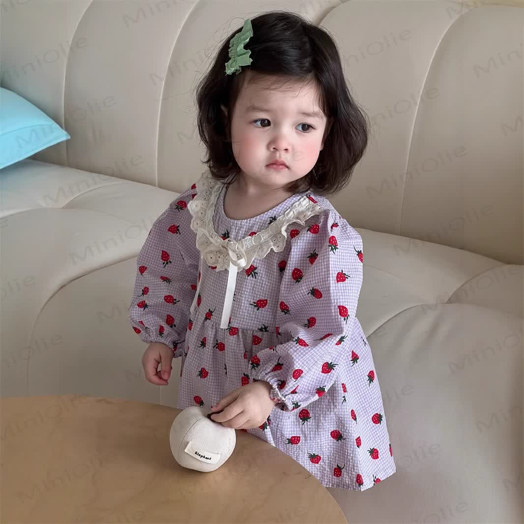 Baby Girl Lace Collar Bow Strawberry Purple Dress - image 2