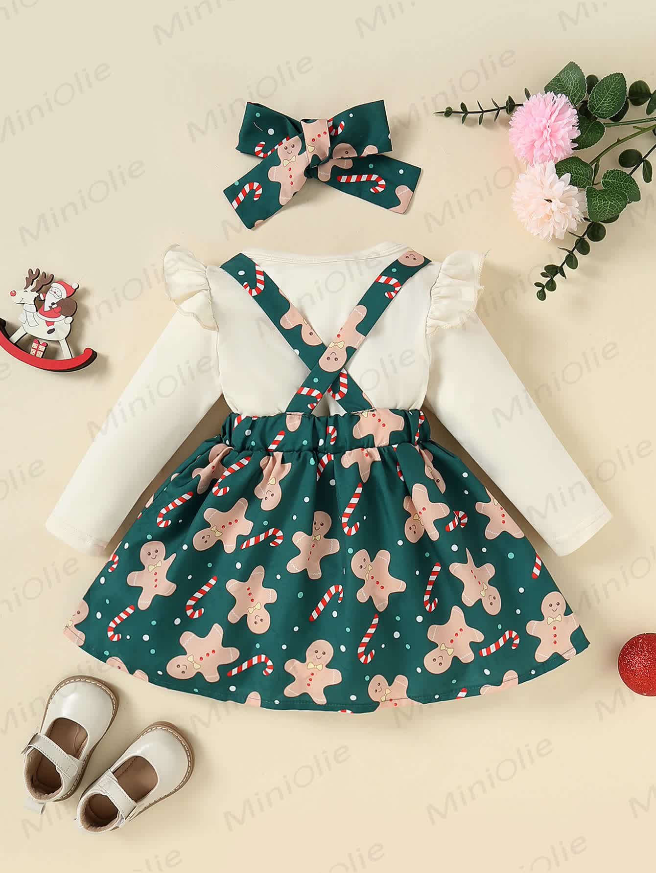 Baby Girl Gingerbread Man Green Dress With A Headband - image 2