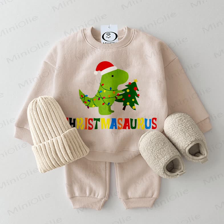 CHRISTMASAURUS Baby Dinosaur Sweatshirt 2-piece Beige Set - Beige - 2-3T - image 1