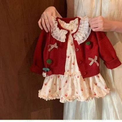 Baby Toddler Strawberry Bow Beige Dress & Red Knit Cardigan - image 2