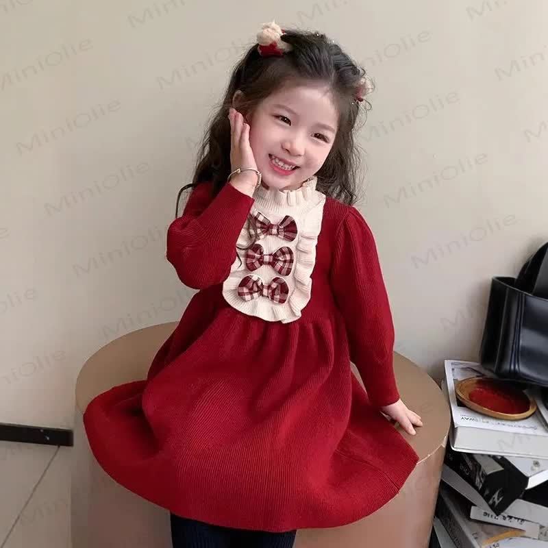 Toddler Kid Girl Purple Knitted Dress - Red - 7-8T - image 1