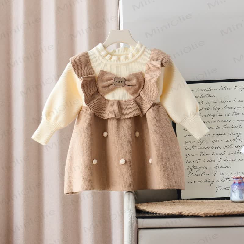 Toddler Girl Bow Bear Knit Dress - Khaki - 8Y - image 3