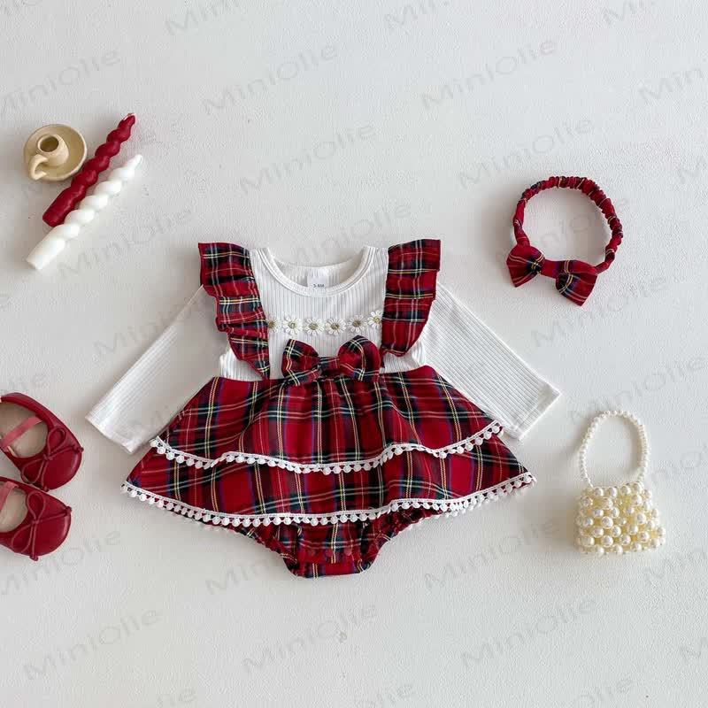 Baby Plaid Daisy Fake 2pcs Bodysuit with Headband - Red - 12-18M - image 1