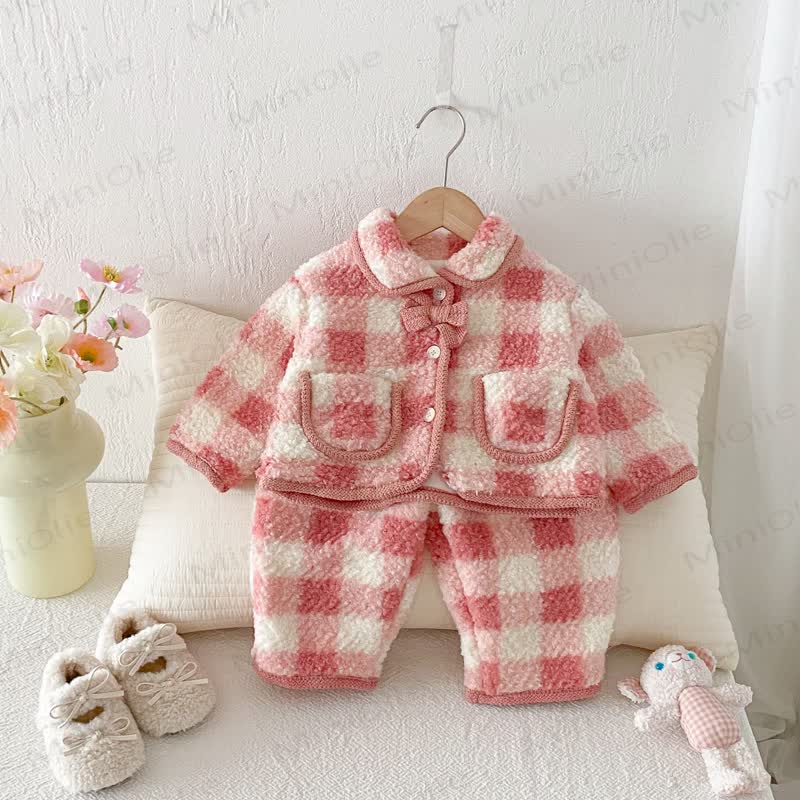 Baby Toddler Girl Fleece Red White Check Outerwear & Pants - image 2