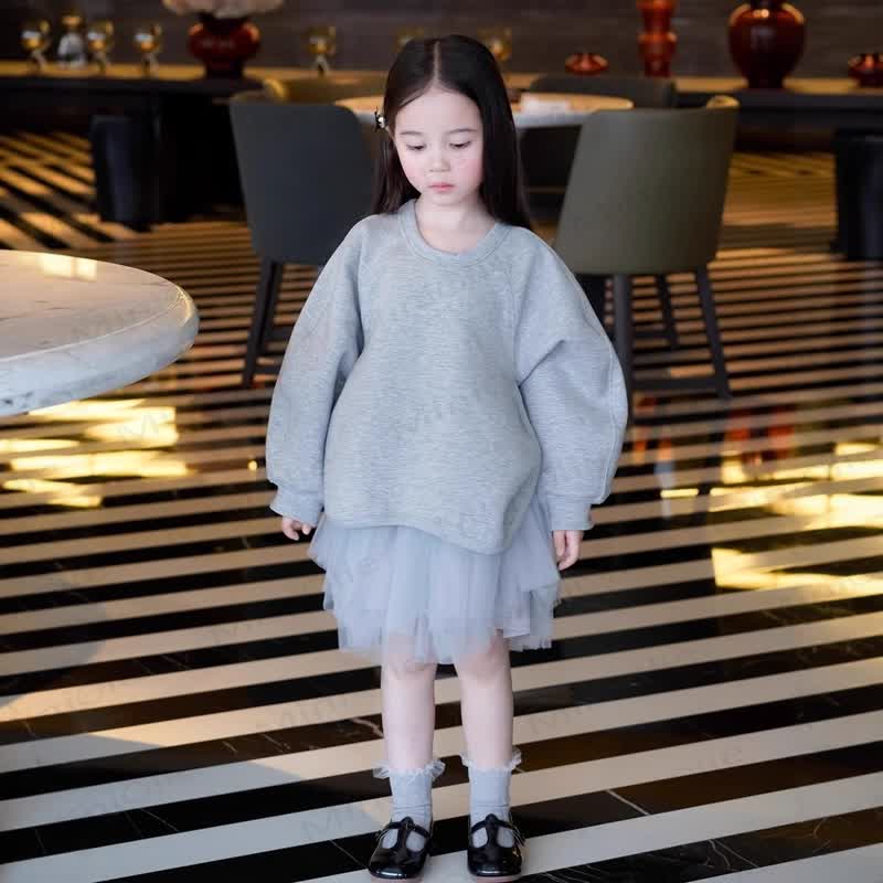 Toddler Kid Girl Knit Mesh Fleece Lined Dress - Grey - 10Y - image 2