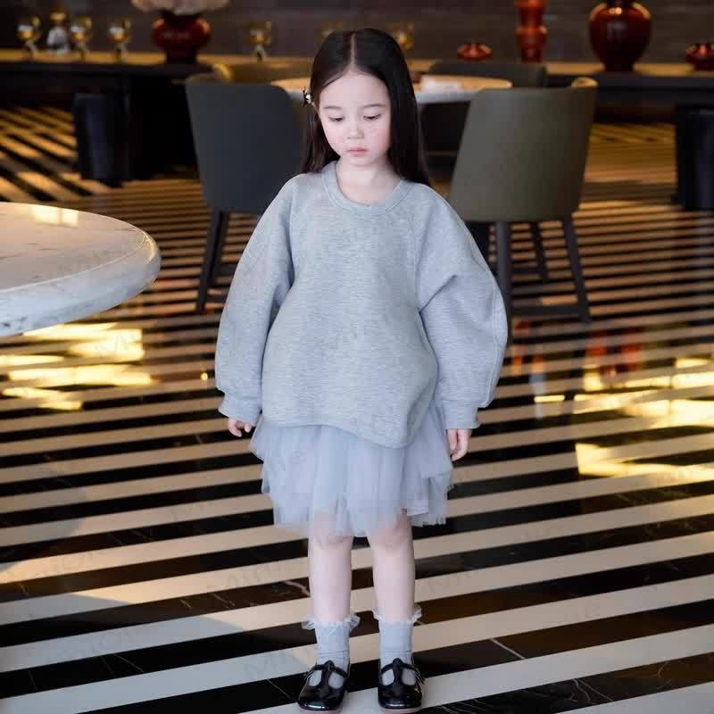 Toddler Kid Girl Knit Mesh Fleece Lined Dress - Grey - 10Y - image 2
