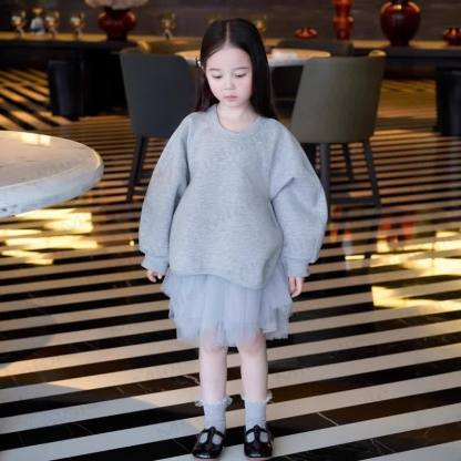 Toddler Kid Girl Knit Mesh Fleece Lined Dress - Grey - 10Y - image 2