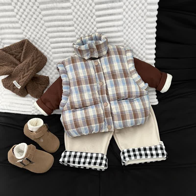 Baby Toddler Coffee Top & Plaid Splicing Pants & Quilted Tank Top - image 1