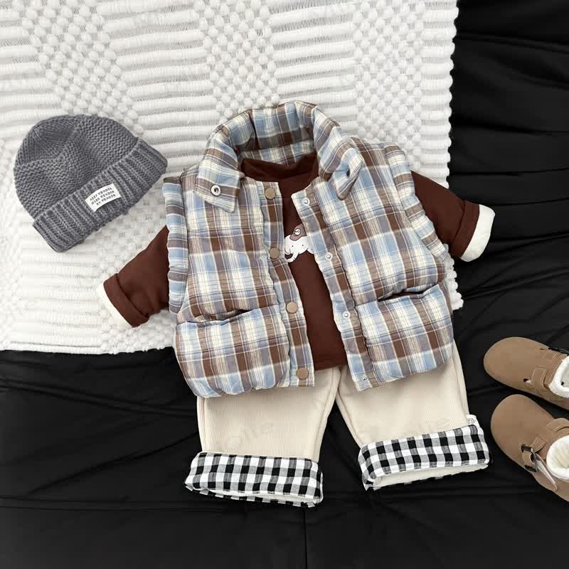 Baby Toddler Coffee Top & Plaid Splicing Pants & Quilted Tank Top - image 3