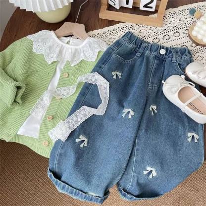 Toddler Kid Embroidered Bow Denim Pants - Blue - 10Y - image 1