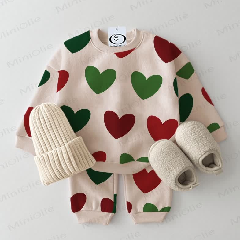 Baby Christmas Color Hearts Sweatshirt 2-piece Beige Set - Beige - 2-3T - image 1