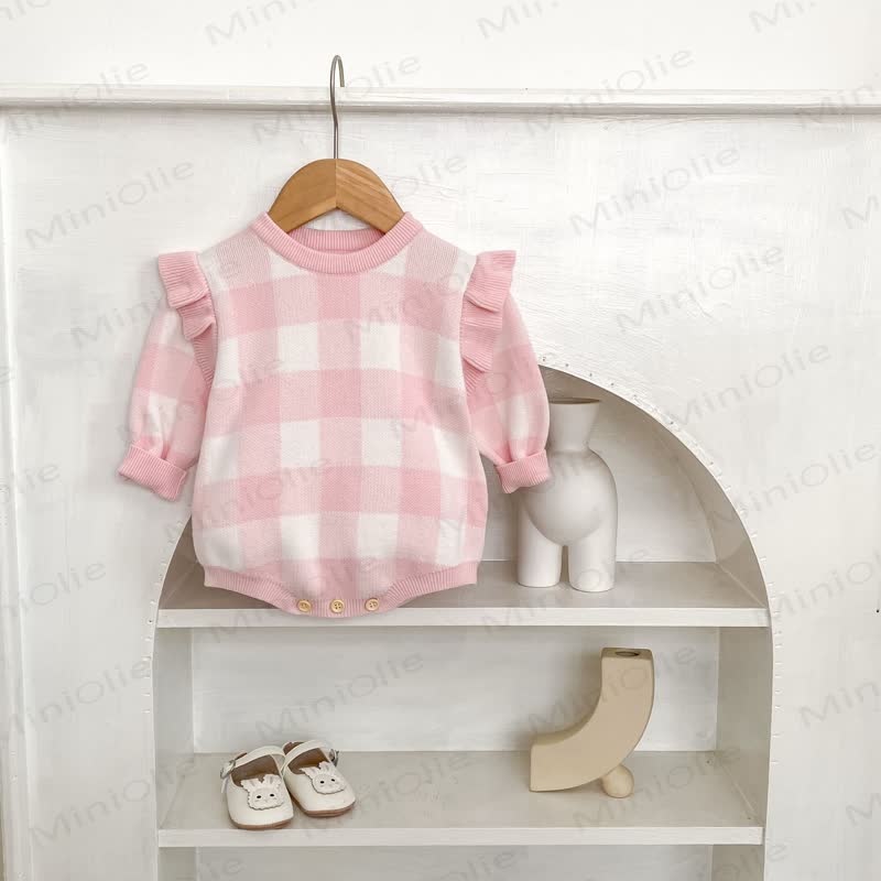 Baby Plaid Knit Flutter Sleeves Bodysuit - image 1