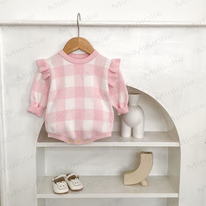 Baby Plaid Knit Flutter Sleeves Bodysuit - image 1
