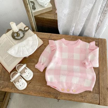 Baby Plaid Knit Flutter Sleeves Bodysuit - image 2