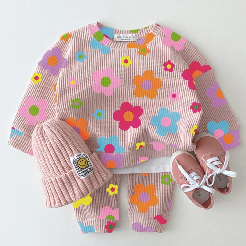 Baby Waffle Dopamine Flowers Sweatshirt 2-piece Set - Pink - 18-24M - image 1