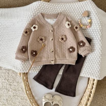 Baby Flower Knit Dark Brown 2-piece Set - Dark Brown - 2-3Y - image 1