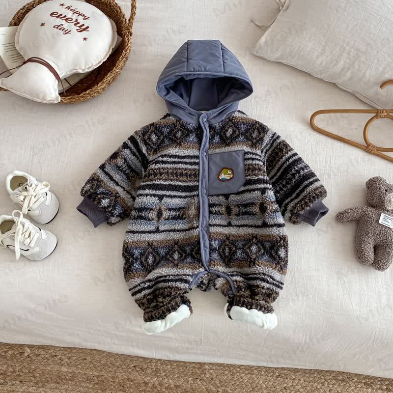 Baby Lamb Fleece Retro Hooded Romper - Starry Sky Gray - 18-24M - image 2