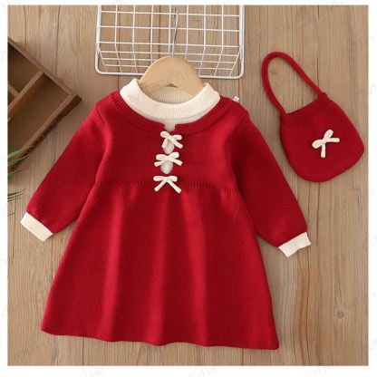 Toddler Girl Bow Knit Christmas Dress - Fleece Red - 8Y - image 1