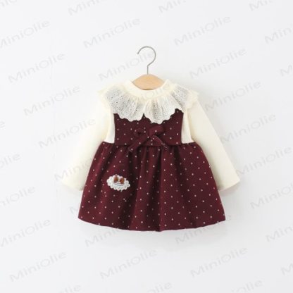 Baby Girl Bow Dot Lace Fleece Lined Dress - Red - 38-47M - image 2