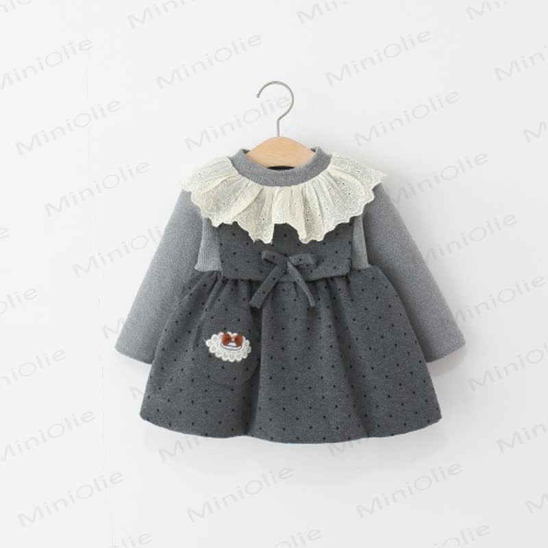 Baby Girl Bow Dot Lace Fleece Lined Dress - Grey - 38-47M - image 1