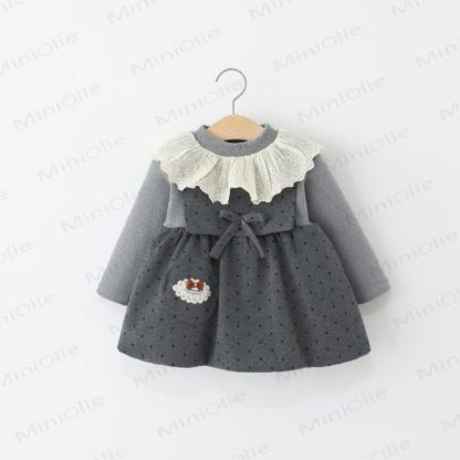 Baby Girl Bow Dot Lace Fleece Lined Dress - Grey - 38-47M - image 1