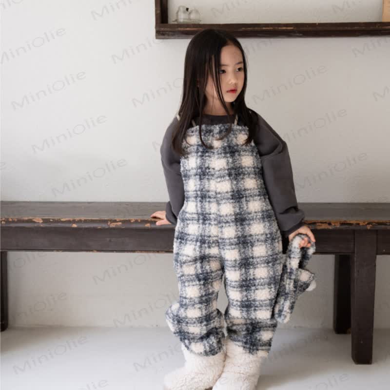 Baby Beige Bunny/ Dark Blue Plaid Fleece Overalls - image 1