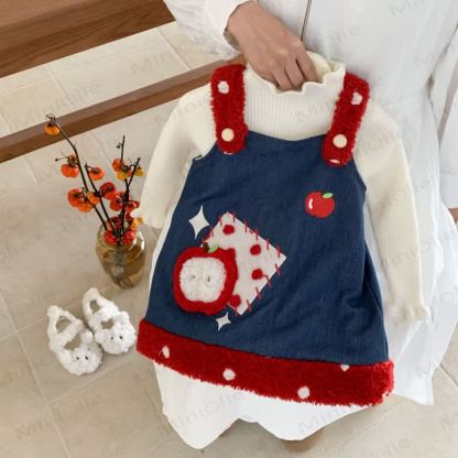 Toddler Girl Apple Denim Fleece Sleeveless Dress/White Top - image 2