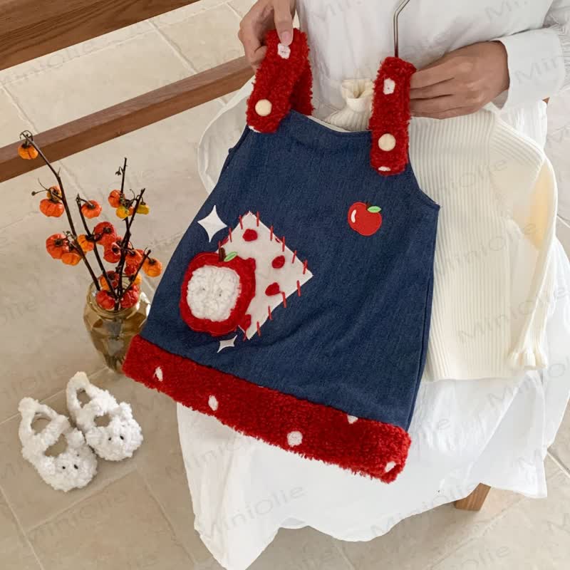Toddler Girl Apple Denim Fleece Sleeveless Dress/White Top - Apple Sleeveless Dress - 5-7T - image 5