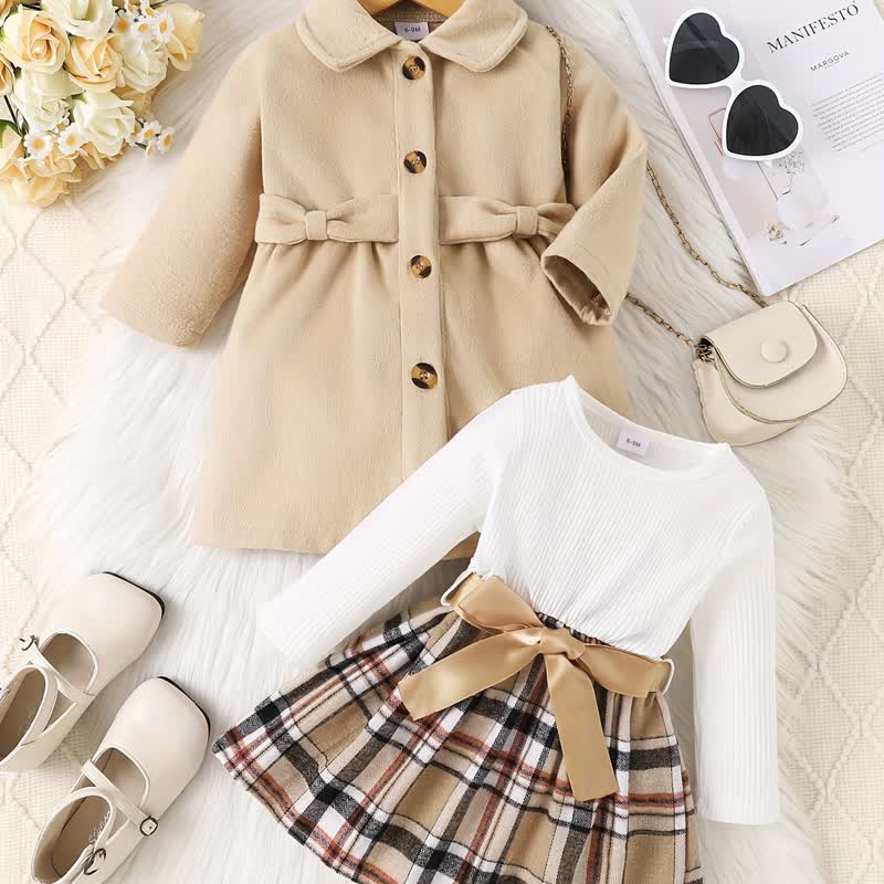 Baby Girl Bow Notched Collar Coat & Check Dress - image 2