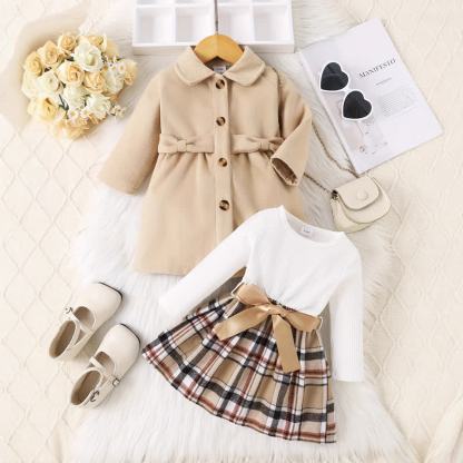 Baby Girl Bow Notched Collar Coat & Check Dress - Khaki - 2-3Y - image 1