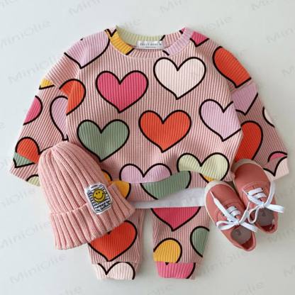 Baby Waffle Colorful Heart Pattern Sweatshirt 2-piece Set - Pink - 18-24M - image 1