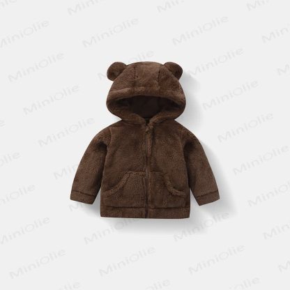 Baby Toddle Hooded Solid Color Fleece Outerwear - Brown - 5-7T - image 2