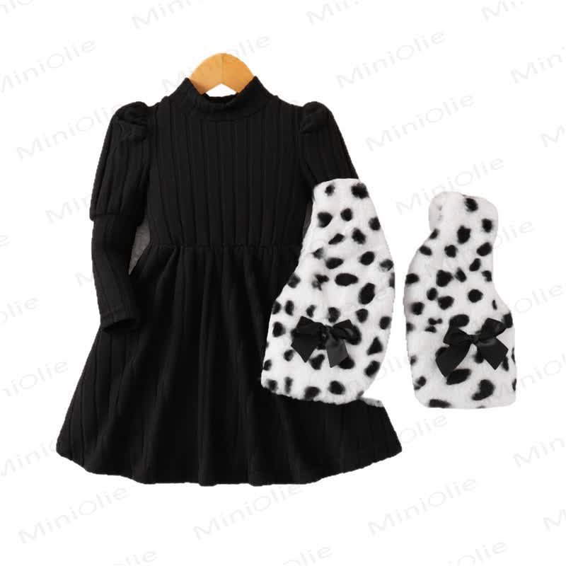 Toddler Kid Girl Dot Bow Fur Tank Top & Black Dress - image 3