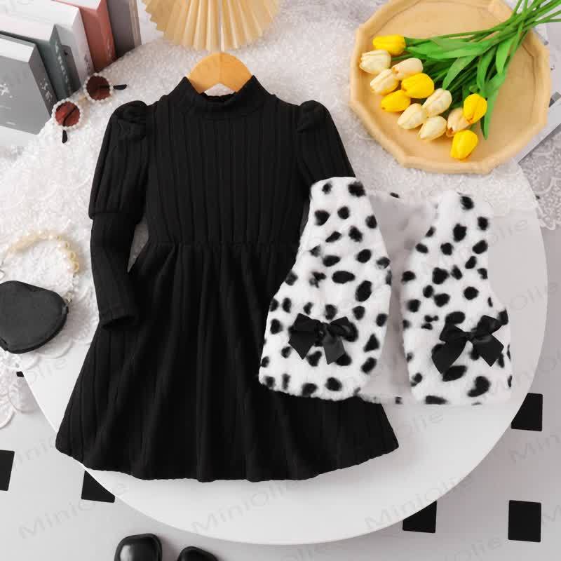 Toddler Kid Girl Dot Bow Fur Tank Top & Black Dress - Black - 7-8Y - image 1