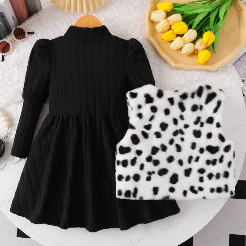 Toddler Kid Girl Dot Bow Fur Tank Top & Black Dress - image 2