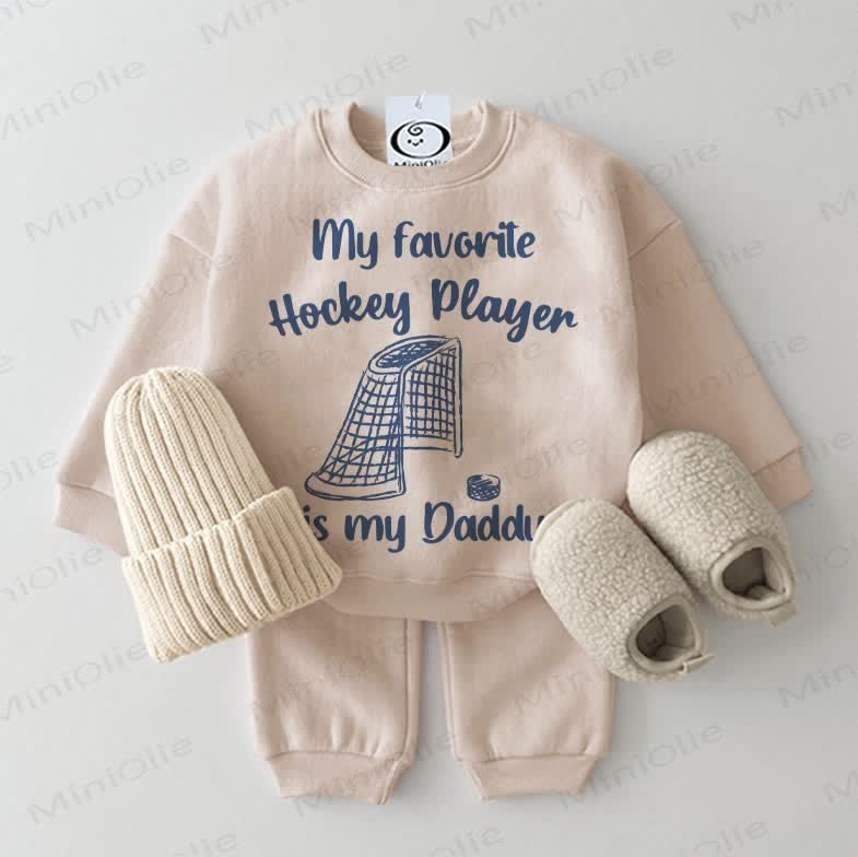 MY FAVORITE HOCKEY PLAYER IS MY DADDY Baby Beige Sweatshirt 2-piece Set - Beige - 2-3T - image 1