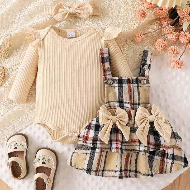 Baby Girl Bow Plaid Flying Sleeves Romper Knit Dress - image 3