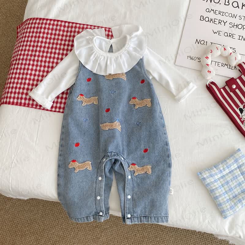 Baby Apple Dog Denim Overalls & White Top - image 3