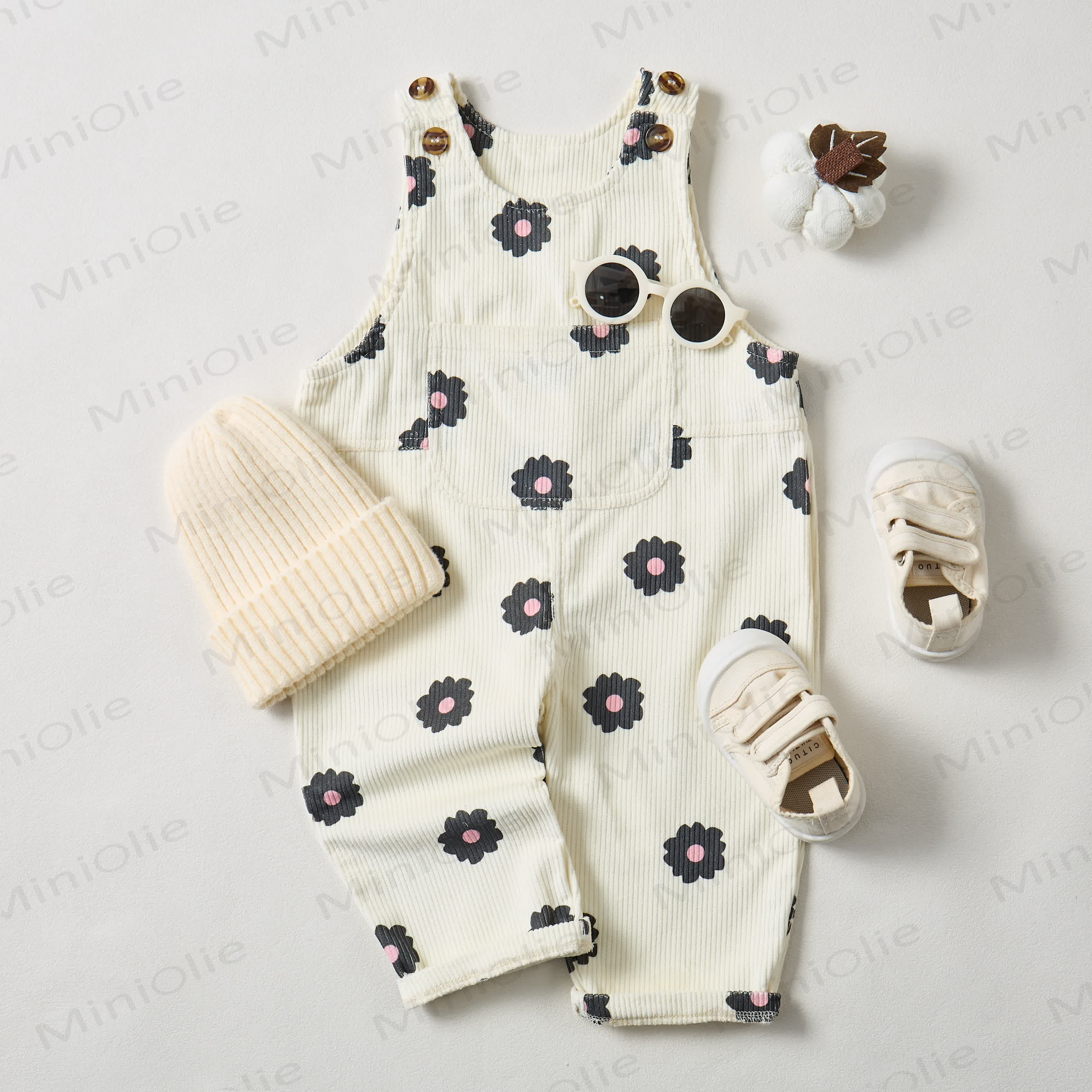 Baby Toddler Black Flowers Corduroy Overalls  - image 2