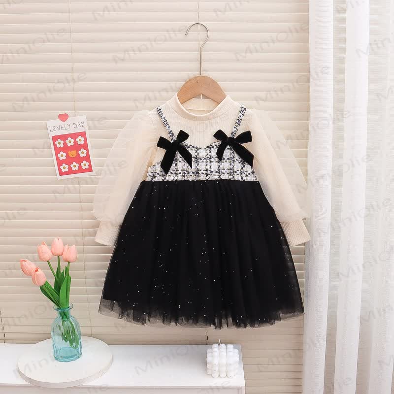 Baby Toddler Girl Bow Plaid Mesh Sequin Dress - Black - 3-5T - image 2
