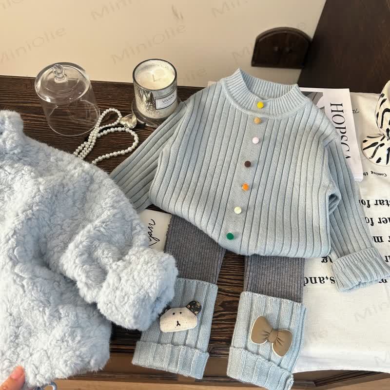 Toddler Kid Girl Knitted Bow Dog Multicolor Buttons Sweater/leggings - Set - 12Y - image 1