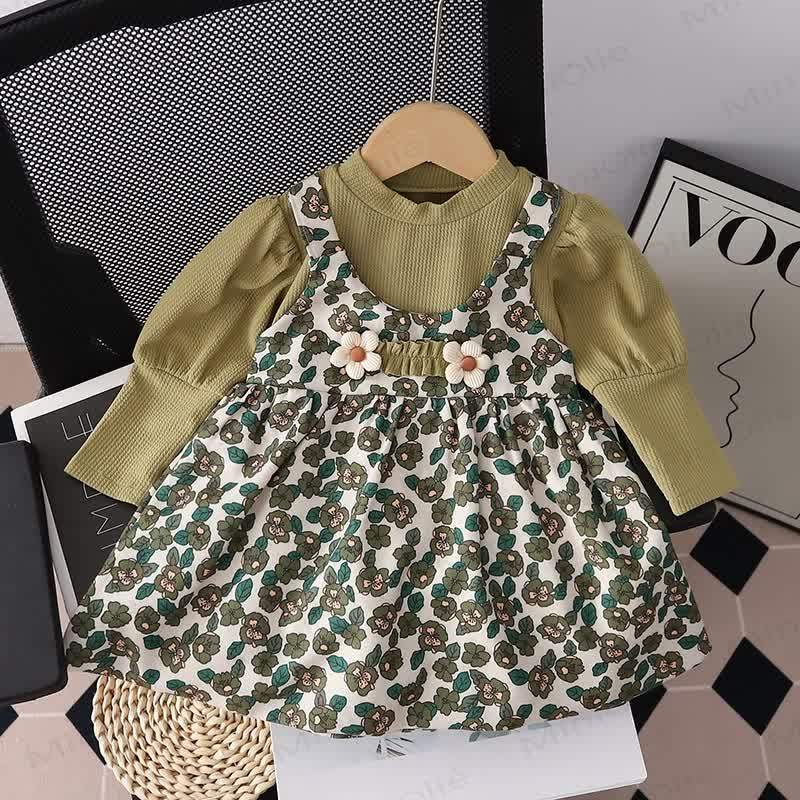 Baby Toddler Girl Flower Fake 2pcs Dress - Green - 3-5T - image 1
