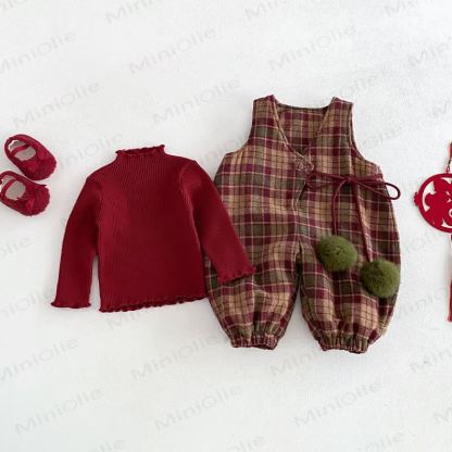 Baby Toddler Red Plaid Quilted Overalls & Red Top - image 2