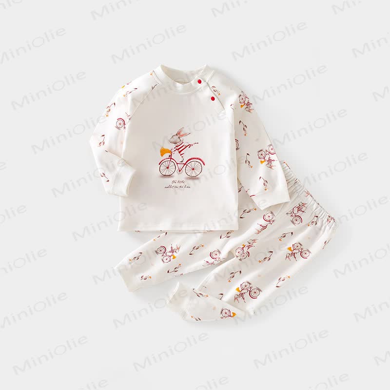 Baby Bicycle Rabbit Print Pajamas 2 Pieces Set - White - 6-12M - image 1